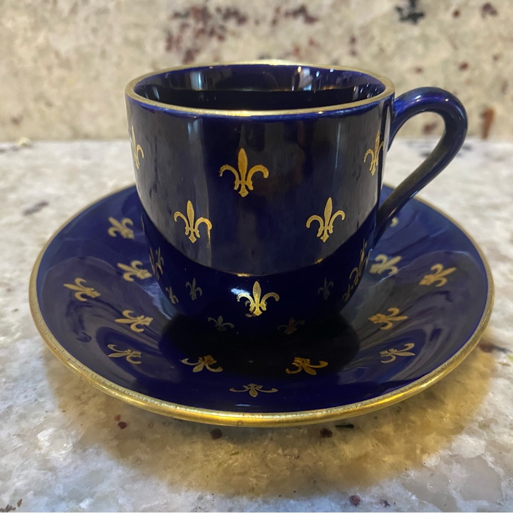 Vintage Rorstrand‎ Fleur de Lis Cup & Saucer Cobalt Blue Porcelain Demitasse